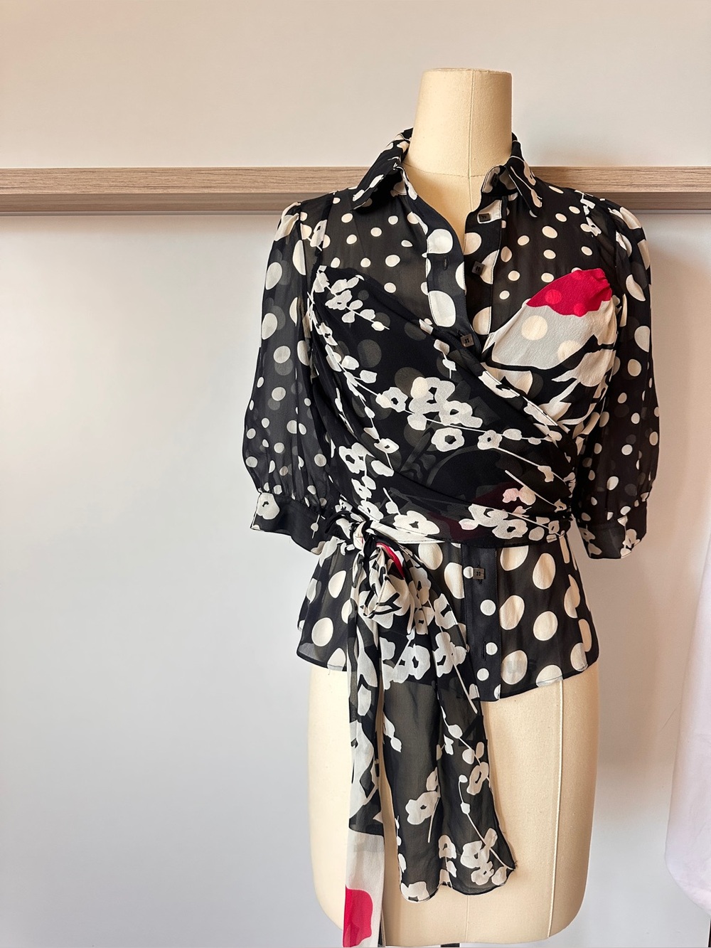 Kenzo Black Polka Dot Wrap Blouse with Floral Accents % 100 silk